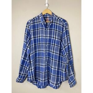 J. McLaughlin EUC 100% Linen Button Up Mens Size L‎ Blue Plaid Long Sleeve Shrt